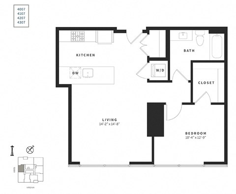 Floor plan for 1 bed, 1 bath, 755 sqft